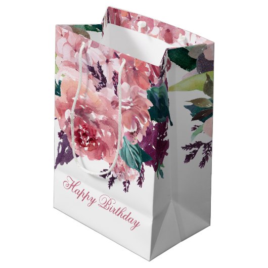 ピかわいらしッフェミニンクウォーター色フローラ誕生日 ミディアムペーパーバッグ (裏面アングル)
