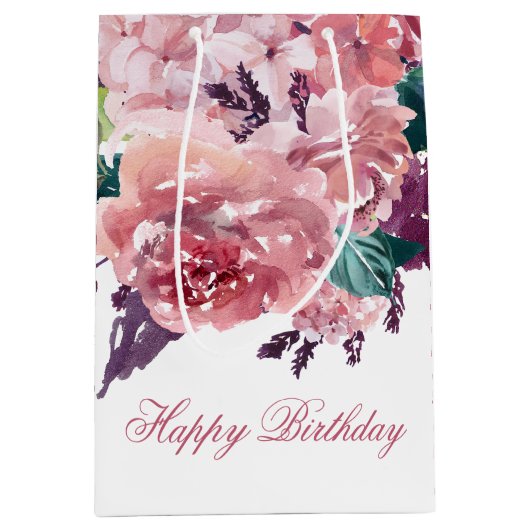 ピかわいらしッフェミニンクウォーター色フローラ誕生日 ミディアムペーパーバッグ (正面)