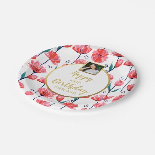 ピかわいらしンクチューリップフラワー、誕生日、カスタム写真 ペーパープレート (アングル)