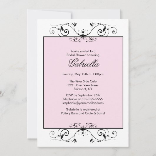 ピかわいらしンク（黒）スクロールブライダルシャワー招待状 招待状 (正面)