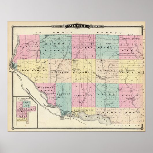 ピアシング郡とエルズワースの地図 ポスター (正面)