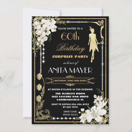 ピアスフローラアールデコギャツビー誕生日ANY AGE Inv 招待状 (正面)