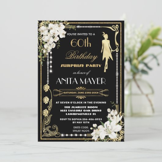 ピアスフローラアールデコギャツビー誕生日ANY AGE Inv 招待状 (スタンド正面)