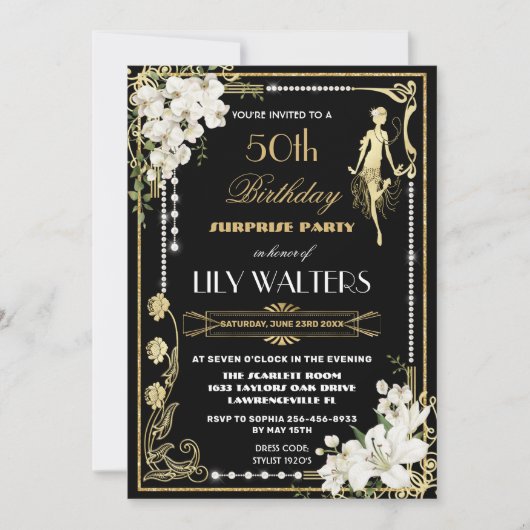 ピアスフローラアールデコギャツビー誕生日ANY AGE Inv 招待状 (正面)