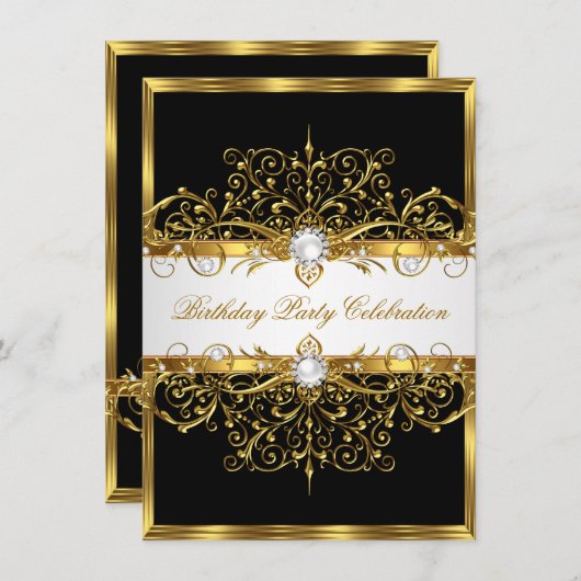ピアス白黒金ゴールドエレガントバースデーパーティー 招待状 (正面/裏面)
