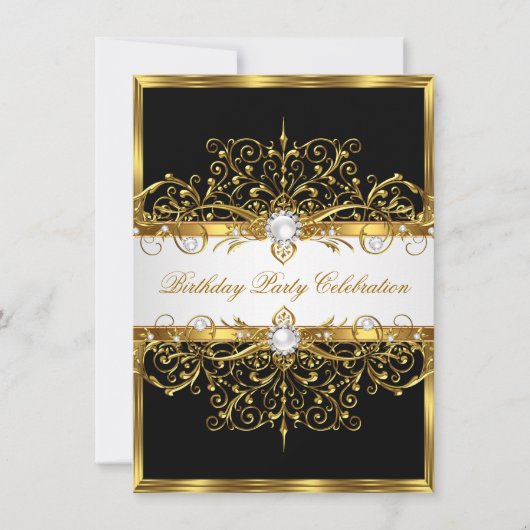 ピアス白黒金ゴールドエレガントバースデーパーティー 招待状 (正面)