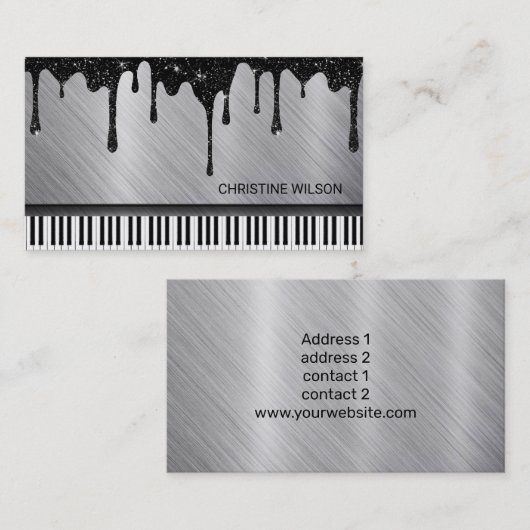 ピアニストのシルバーブラック滴下グリッター 名刺 (正面/裏面)