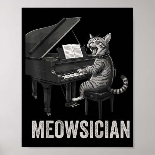 ピアノで演奏する面白い猫 音楽のパロディ ミュージシャンバンド ポスター (正面)