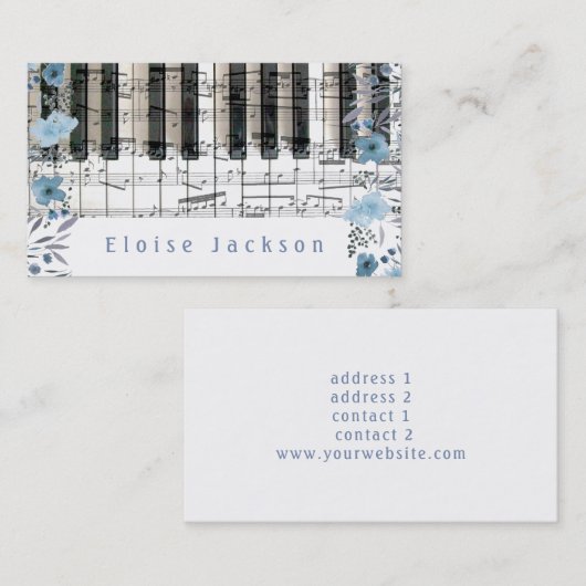 ピアノと青の花の装飾 名刺 (正面/裏面)