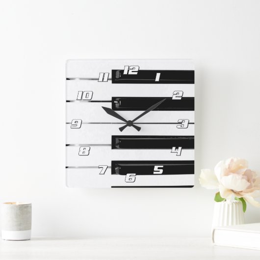 ピアノのキーボード鍵(数字あり) スクエア壁時計 (ホーム)