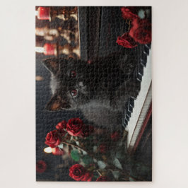 ピアノの上に寝そべった黒猫 ジグソーパズル