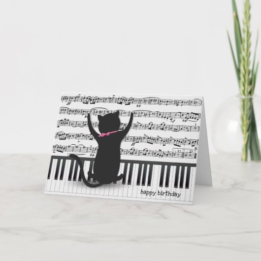 ピアノの誕生日に黒猫を飼う カード (正面)