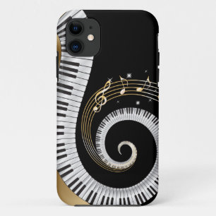 ピアノの鍵が金ゴールドの音符で渦を巻く iPhone 11 ケース