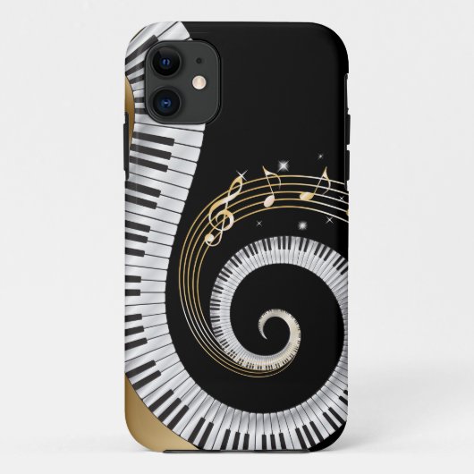 ピアノの鍵が金ゴールドの音符で渦を巻く Case-Mate iPhoneケース (裏面)