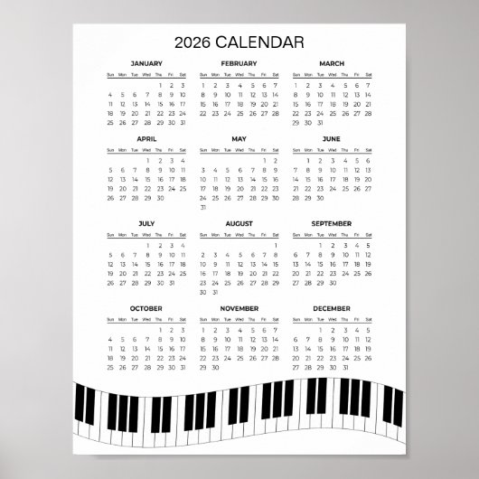 ピアノの鍵盤が付いたシンプルな2026年カレンダー |  ポスター (正面)