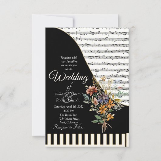 ピアノの音楽をテーマにした結婚式の招待状 招待状 (正面)