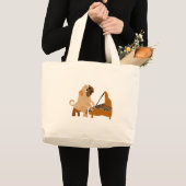 ピアノを遊んでいるおもしろいなパグ犬 ラージトートバッグ (正面(商品))