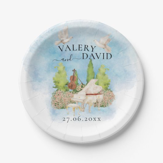 ピアノエレガント |ヴァイオリン結婚フラワーズラグジュアリー ペーパープレート (正面)