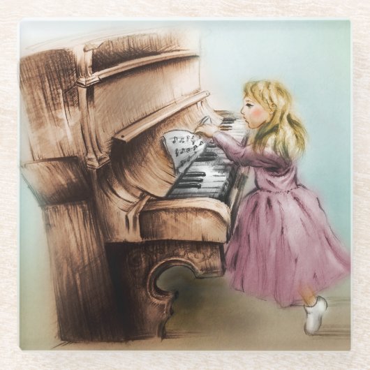 ピアノガールガラスコースターエレガント、ヴィンテージアート ガラスコースター (正面)