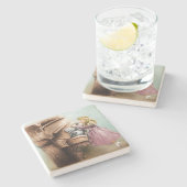 ピアノガールストーンコースターカラフル、ヴィンテージアート ストーンコースター (横)