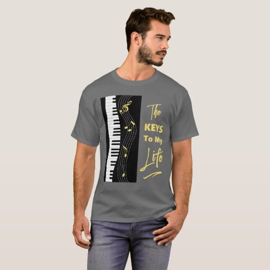 ピアノキーボードプレーヤーおもしろい音符グラフィック Tシャツ (正面フル)