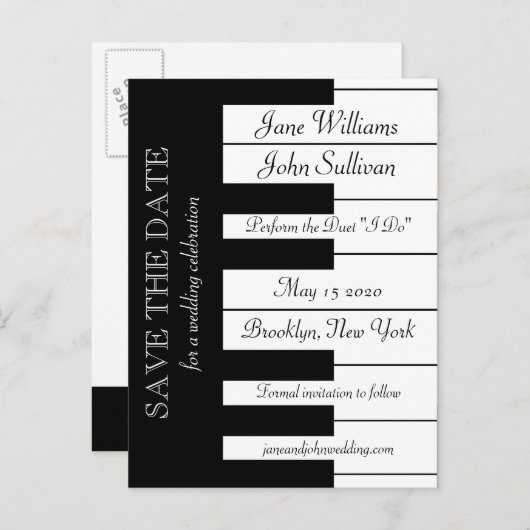 ピアノキーボードミュージックをテーマにした結婚式の日付を保存 案内ポストカード (正面/裏面)