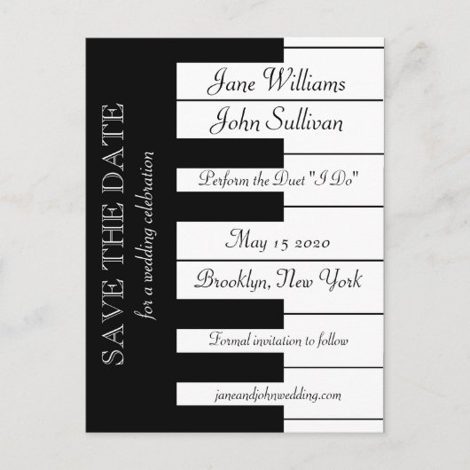 ピアノキーボードミュージックをテーマにした結婚式の日付を保存 案内ポストカード (正面)