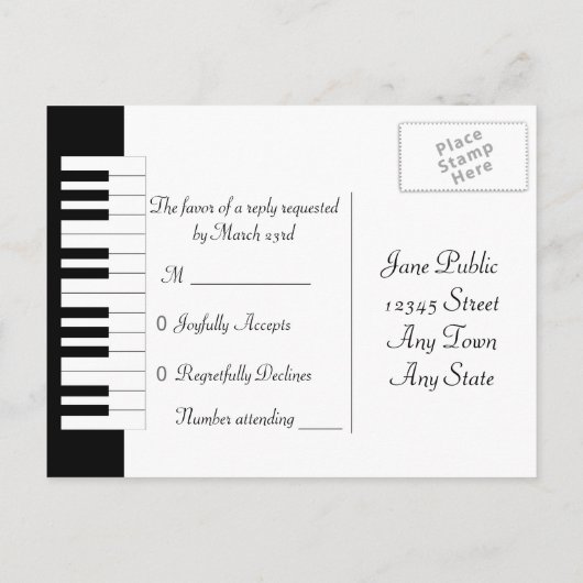 ピアノキーボードミュージックウェディングRSVPポストカード インビテーションポストカード (裏面)