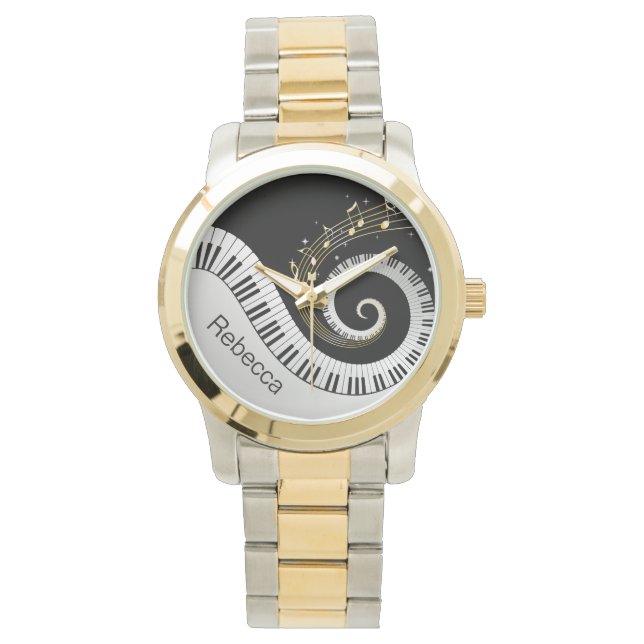 ピアノパーソナライズされた鍵と金ゴールド音楽ノート 腕時計 (正面)