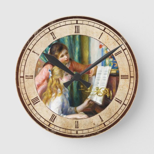 ピアノピエールAugusteルノアールの絵を描くことの女の子 ラウンド壁時計 (正面)