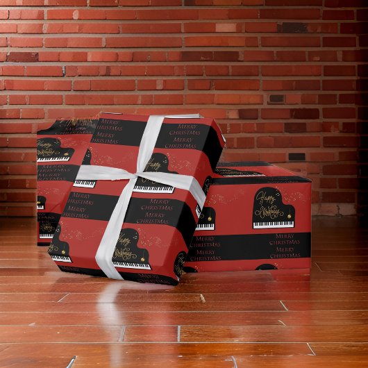 ピアノブラック&レッドメリークリスマス ラッピングペーパー
