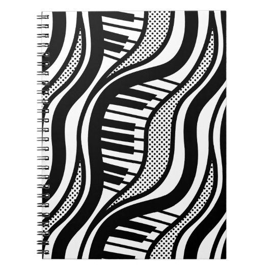 ピアノポルカウェーブズノート – ミュージカルブラック&ホワイト ノートブック (正面)