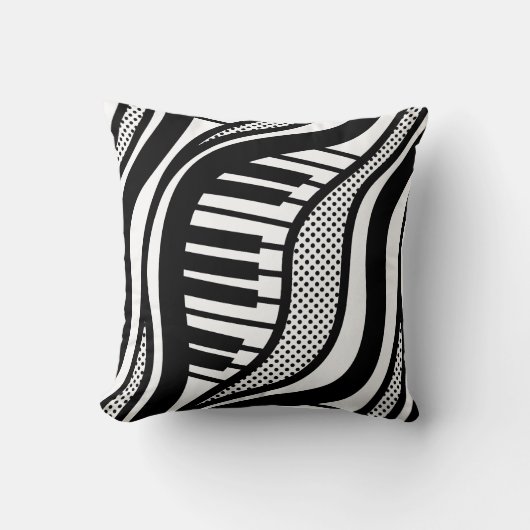 ピアノポルカ波枕 – 白黒の音楽 クッション (正面)