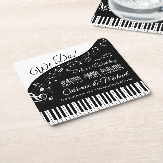 ピアノミュージックブラック&ホワイトウェディングデートを保存 スクエアペーパーコースター (アングル)
