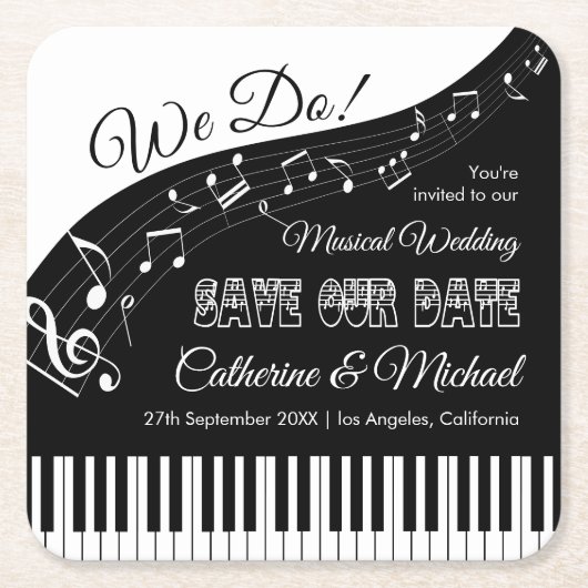 ピアノミュージックブラック&ホワイトウェディングデートを保存 スクエアペーパーコースター (正面)