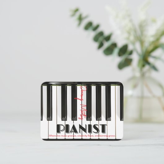 ピアノモダン鍵盤レッドブラックピアニスト 名刺 (スタンド正面)