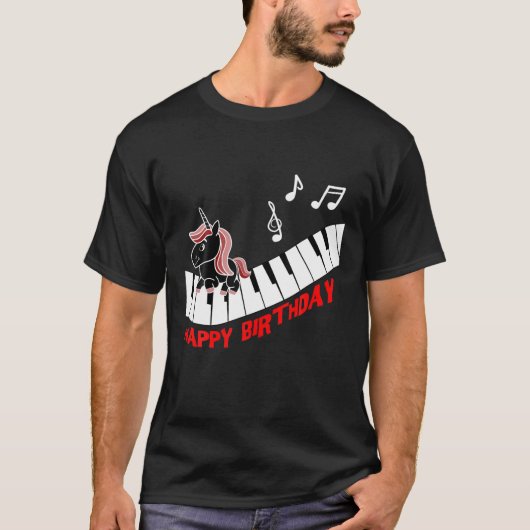 ピアノユニコーンおもしろいピアノ動物音楽ハッピーバート Tシャツ (正面)