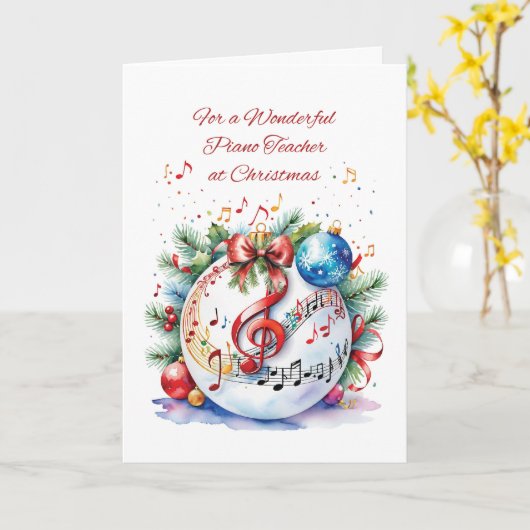 ピアノ先生クリスマスオーナメントと音符 カード (黄色い花)