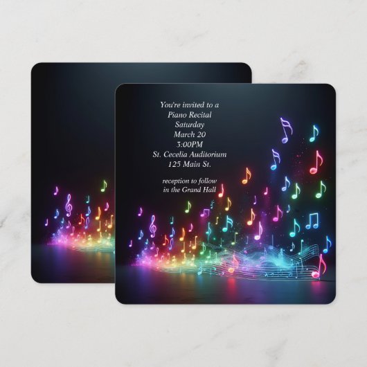 ピアノ発表会 ネオン 音楽ノート 招待状 (正面/裏面)