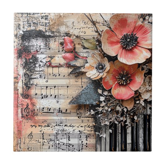 ピアノ素朴鍵と古い音楽シート付きフローラ1 タイル (正面)