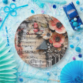 ピアノ素朴鍵と古い音楽シート付きフローラ1 ペーパープレート (パーティー)