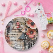 ピアノ素朴鍵と古い音楽シート付きフローラ1 ペーパープレート (パーティー)