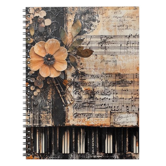 ピアノ素朴鍵と古い音楽シート付きフローラ2 ノートブック (正面)