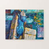 ピアノ絵を描で寝る猫の ジグソーパズル (横)