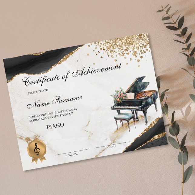 ピアノ証明書音楽学校リサイタル業績 (piano recital certificate with watercolor piano and flower bouquet)