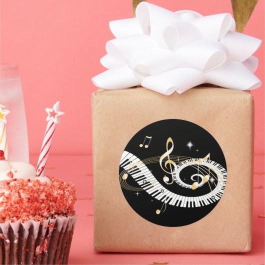 ピアノ鍵とゴールデンミュージックノート ラウンドシール (パーティー)