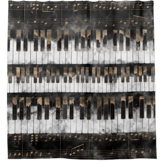 ピアノ鍵とノート-水彩と金ゴールド シャワーカーテン (正面)