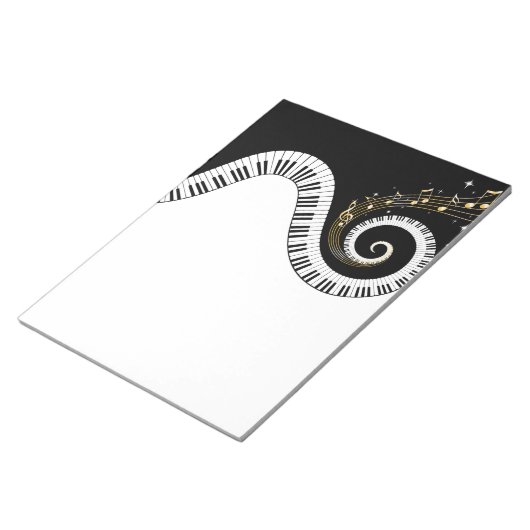 ピアノ鍵と金ゴールドミュージックノート ノートパッド (アングル)