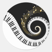 ピアノ鍵と金ゴールドミュージックノート ラウンドシール (正面)