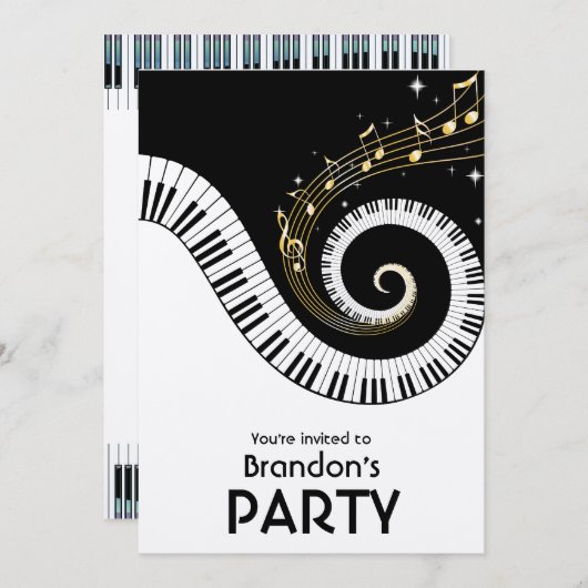 ピアノ鍵と金ゴールド音楽ノートパーティー 招待状 (正面/裏面)